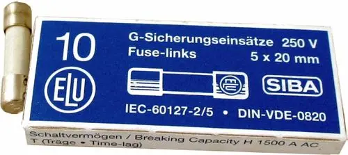 Feinsicherung in Blisterpackung, deutlich beschriftet mit ELU-Logo, SIBA-Symbol, und technischen Details. Marke Wolf nicht sichtbar. Standardgröße.